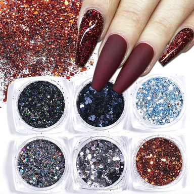 Glitter Flakes Nail Art - Set 6pcs Jar